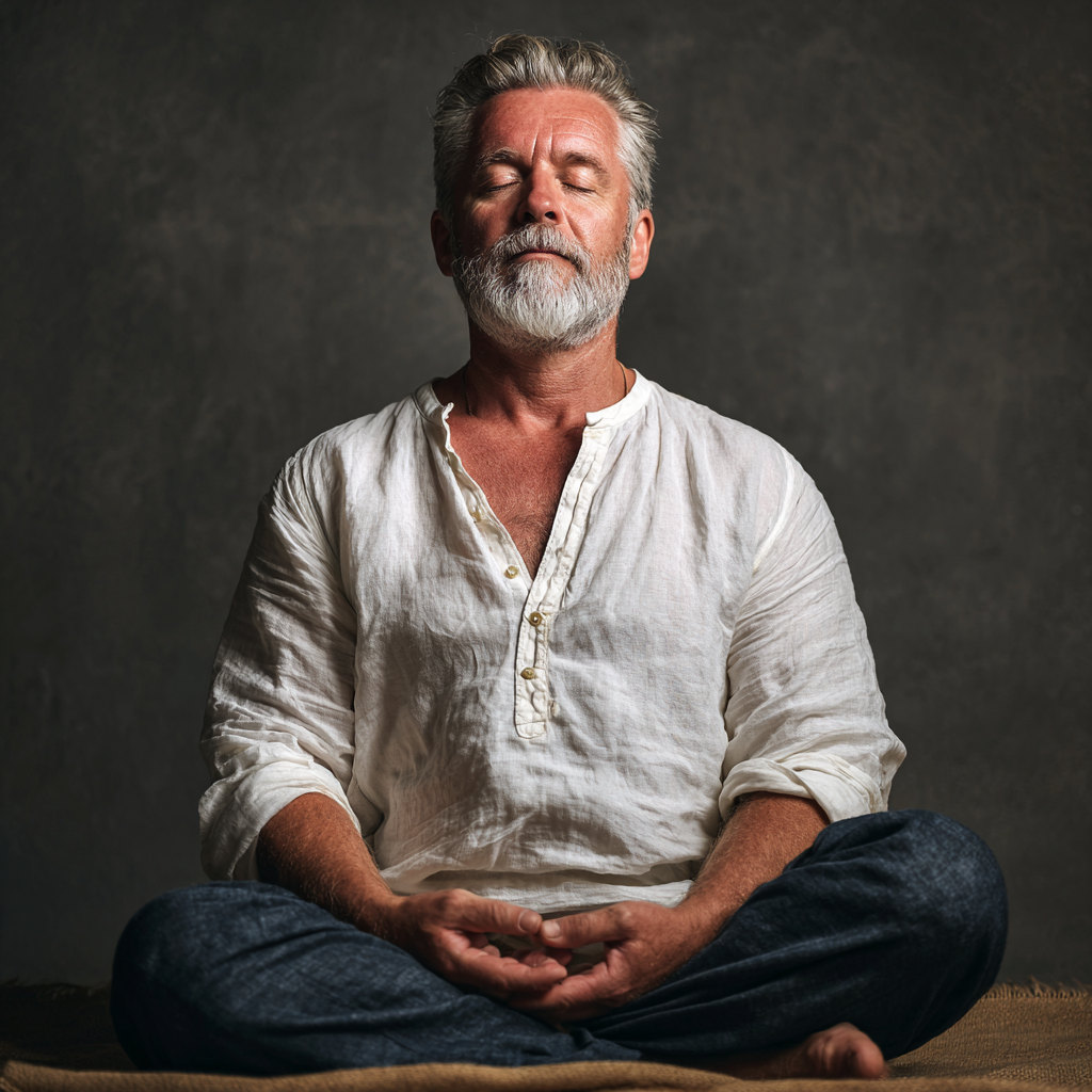 52 years old man in meditation pose with calm facial expression